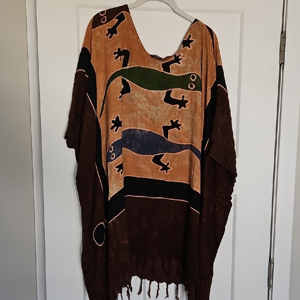 Boho Batik Gecko Fringe Swimsuit Cover Up Poncho Tunic